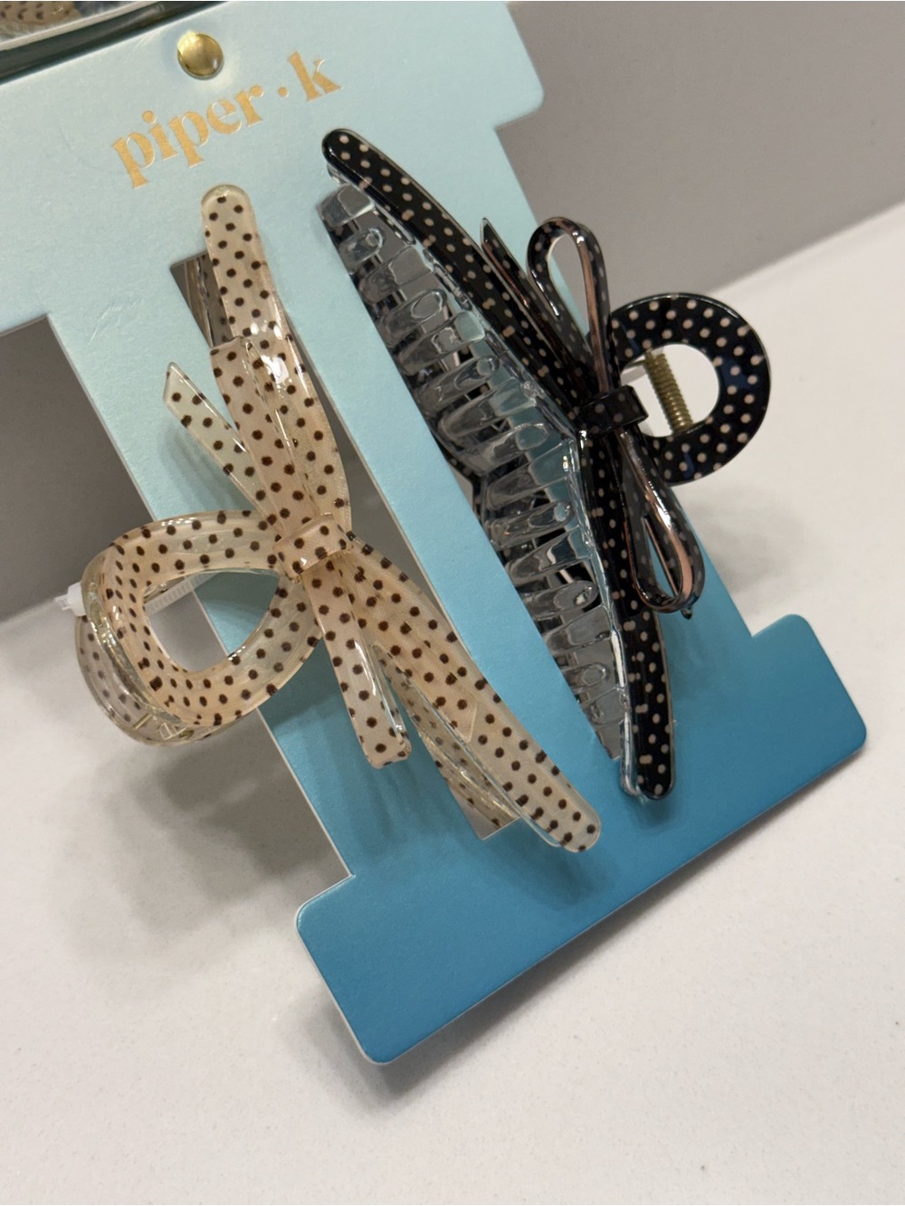 Piper Polka Dot Bow Hair Claw Clips in Beige and Black NWT